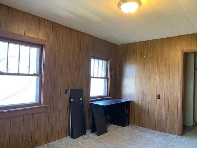 carpeted office with wooden walls