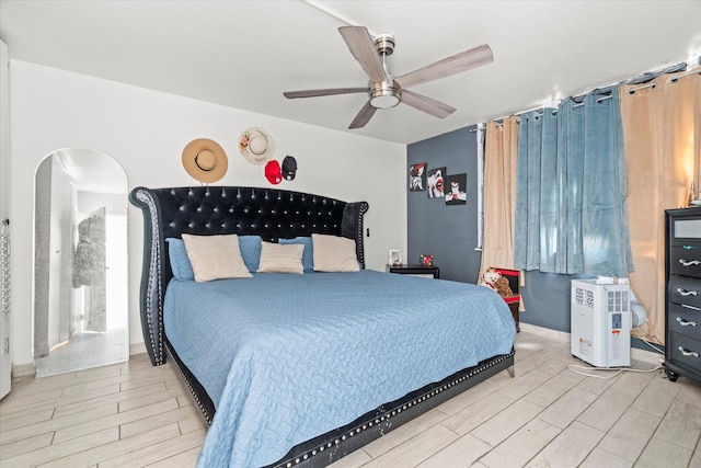 bedroom featuring ceiling fan and light hardwood / wood-style floors