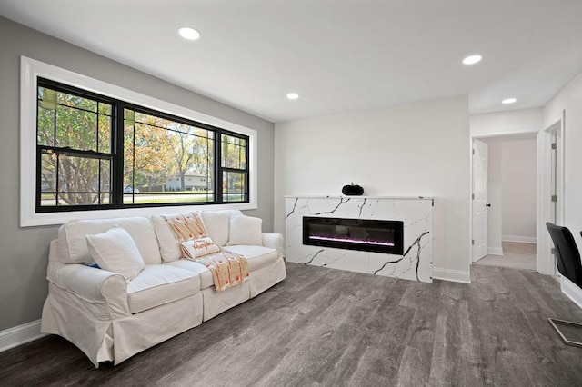 living room with plenty of natural light, a high end fireplace, and wood-type flooring