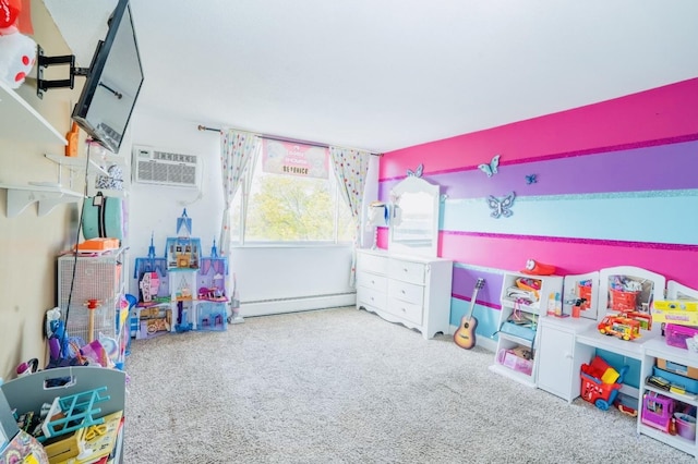 rec room featuring baseboard heating, carpet floors, and an AC wall unit