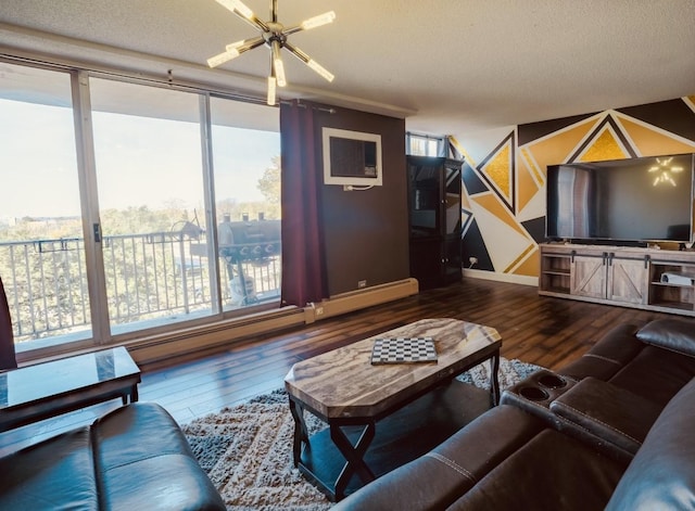 living room with wood-type flooring, a textured ceiling, and ceiling fan