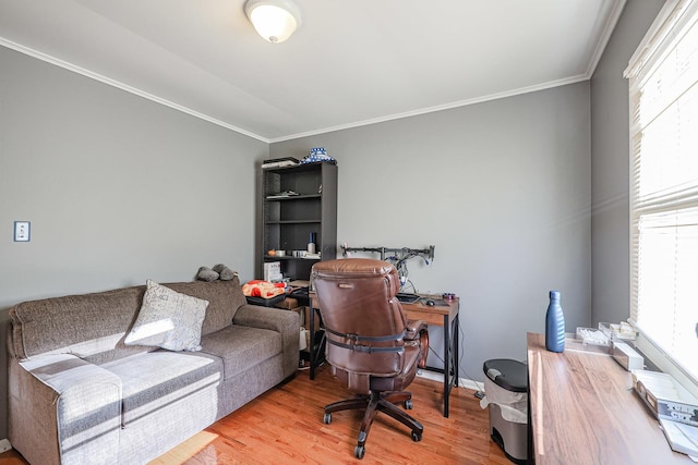 home office with wood-type flooring and crown molding