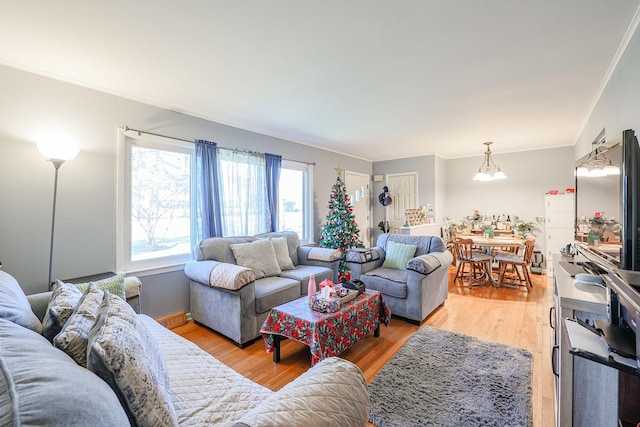 living room featuring a chandelier, crown molding, and light hardwood / wood-style flooring