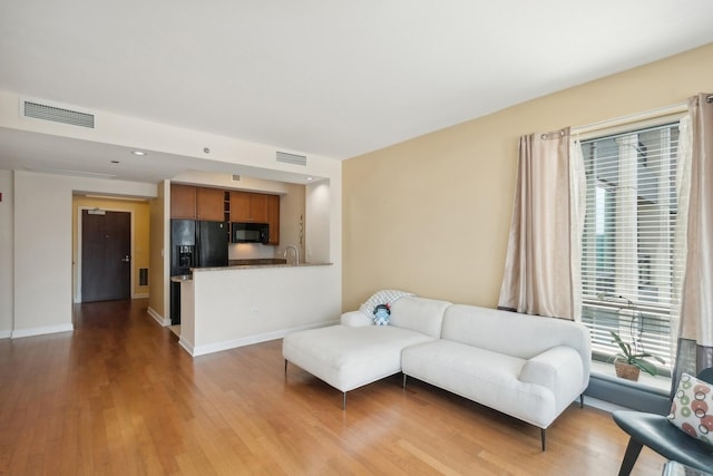 living room featuring light hardwood / wood-style floors and sink