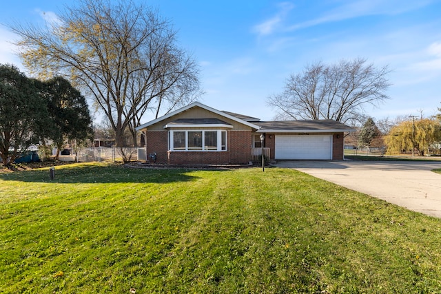 ranch-style home with a garage and a front lawn