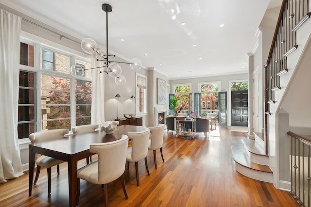 dining room with plenty of natural light, wood-type flooring, and ornamental molding