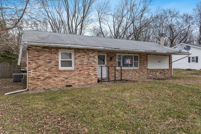 ranch-style house with a front lawn and cooling unit