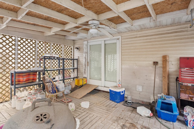 interior space featuring ceiling fan