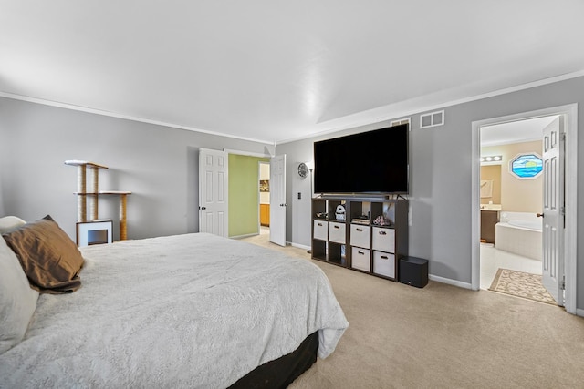 bedroom featuring light carpet, ensuite bathroom, and ornamental molding