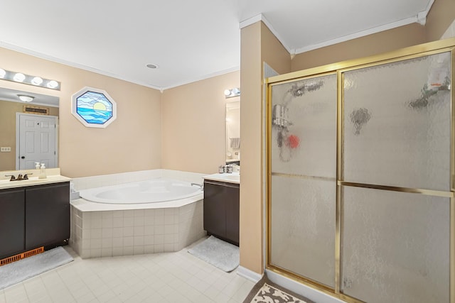 bathroom with tile patterned floors, vanity, crown molding, and plus walk in shower