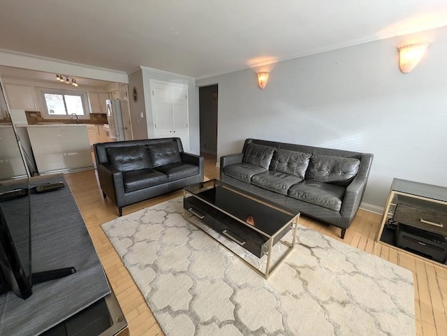 living room featuring light wood-type flooring, sink, and ornamental molding