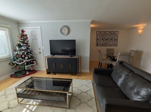 living room with crown molding and hardwood / wood-style flooring