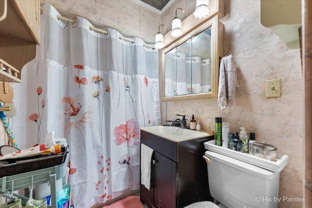 bathroom featuring vanity, a shower with shower curtain, and toilet