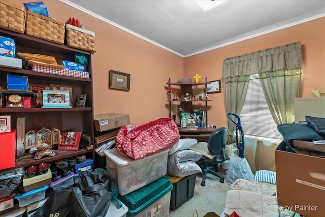 home office with light carpet and crown molding