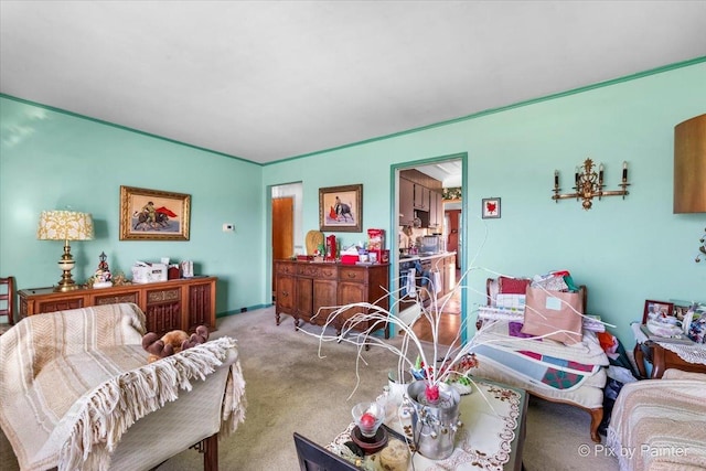 living room featuring light colored carpet