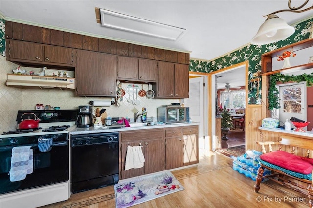 kitchen with dishwasher, exhaust hood, sink, light hardwood / wood-style floors, and white range with gas stovetop