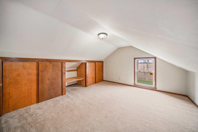 additional living space featuring light carpet and vaulted ceiling