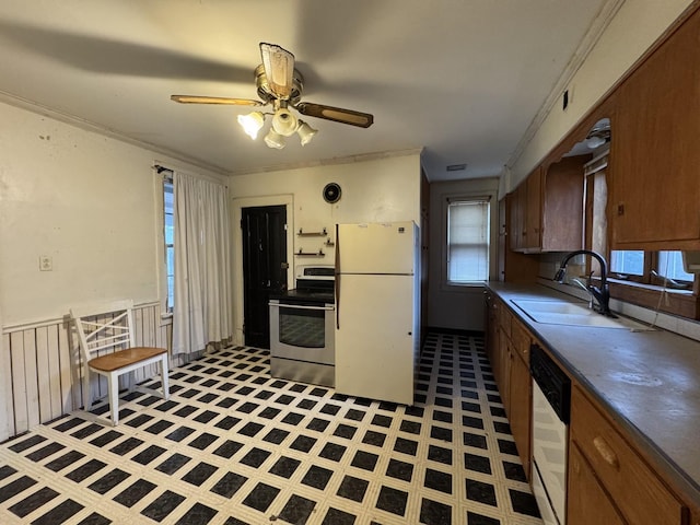 kitchen featuring ceiling fan, sink, white appliances, and ornamental molding