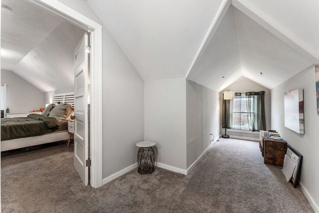 interior space with vaulted ceiling and dark carpet