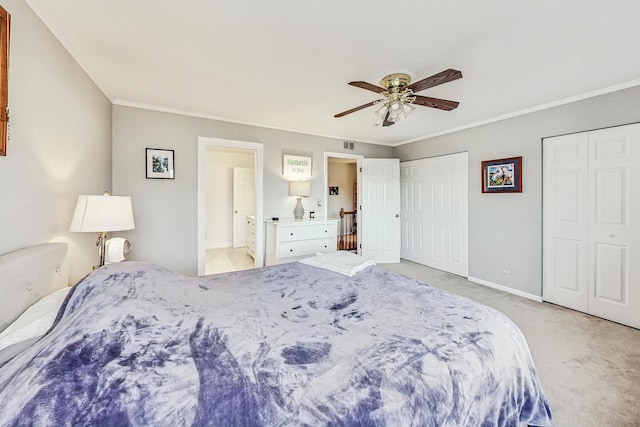 carpeted bedroom featuring ceiling fan, ensuite bathroom, crown molding, and multiple closets