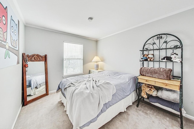 carpeted bedroom featuring crown molding