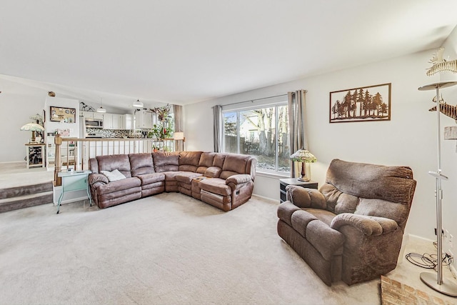 living room with light colored carpet