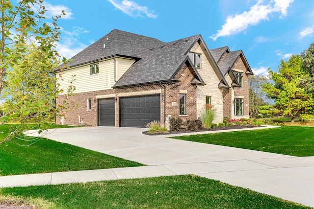 view of front of house featuring a front lawn and a garage