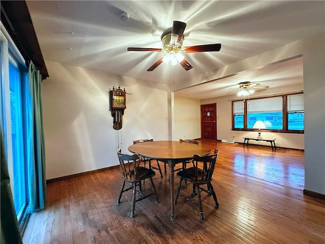 dining space featuring wood-type flooring and ceiling fan