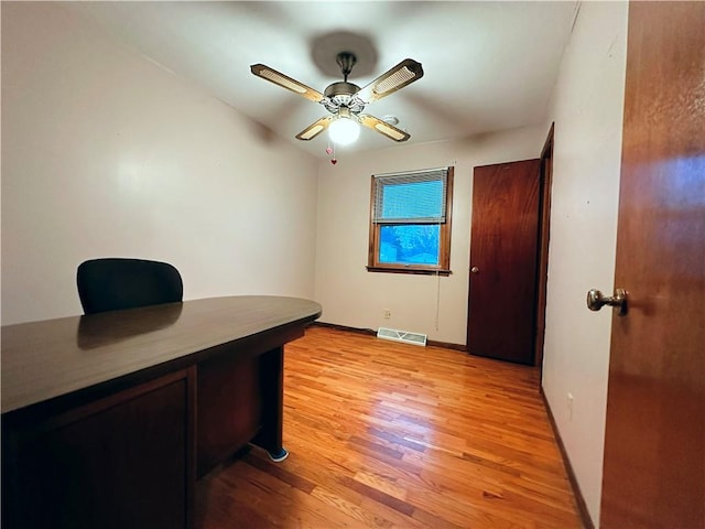 office area featuring ceiling fan and light hardwood / wood-style floors