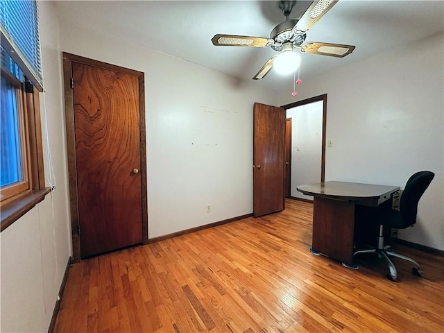 home office with ceiling fan and light wood-type flooring