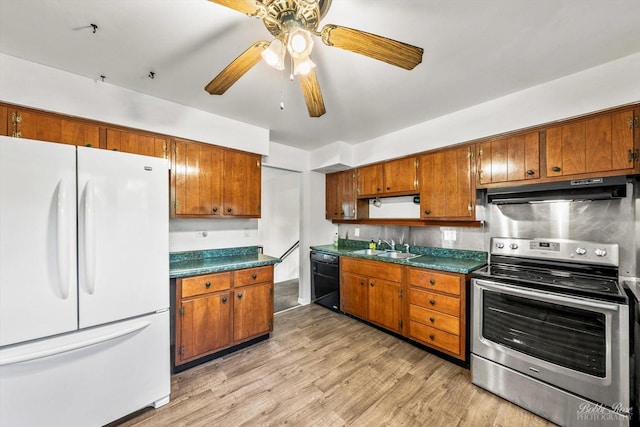 kitchen with ceiling fan, electric range, black dishwasher, white fridge, and light wood-type flooring