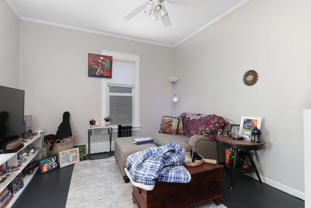 living room with crown molding, ceiling fan, and hardwood / wood-style flooring