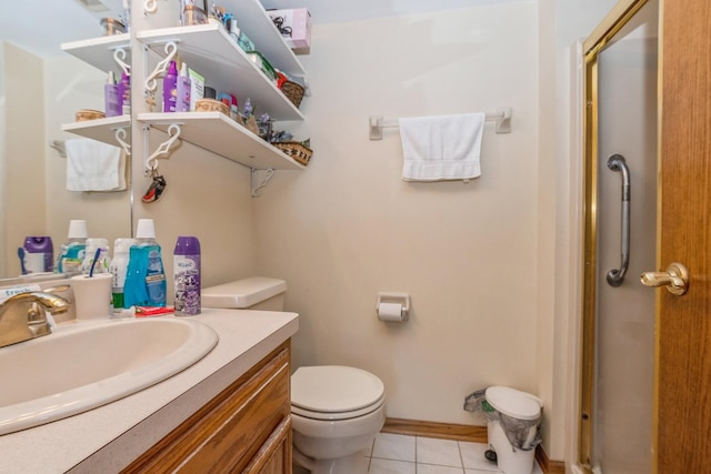 bathroom featuring tile patterned floors, toilet, vanity, and walk in shower