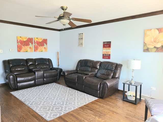 living room with ceiling fan, hardwood / wood-style floors, and ornamental molding