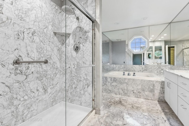 bathroom featuring vanity, independent shower and bath, and tile walls