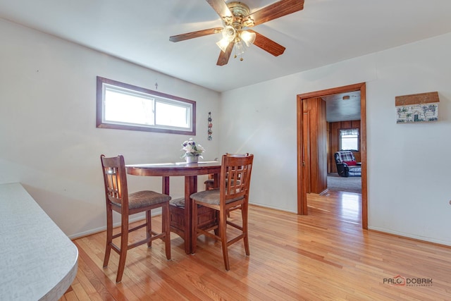 dining space featuring a wealth of natural light, light hardwood / wood-style floors, and ceiling fan