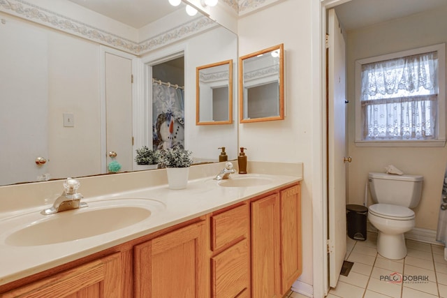 bathroom with tile patterned flooring, vanity, and toilet