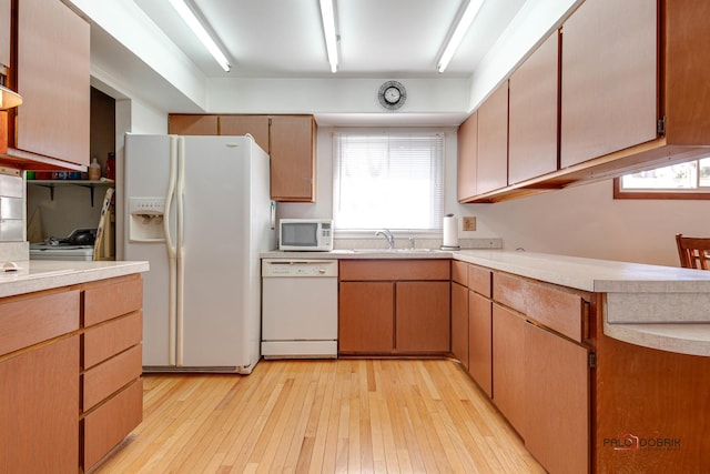 kitchen featuring white appliances, light hardwood / wood-style floors, and sink