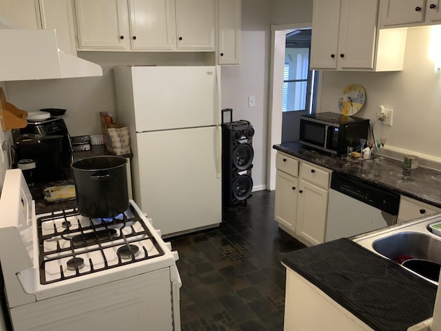 kitchen with white cabinetry, sink, white appliances, and ventilation hood