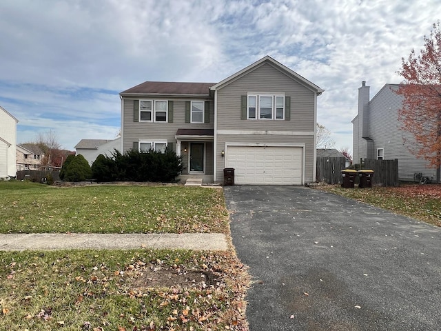 front facade with a garage and a front lawn