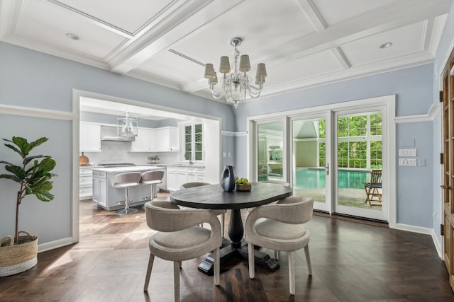 dining area with a chandelier, beam ceiling, ornamental molding, and coffered ceiling