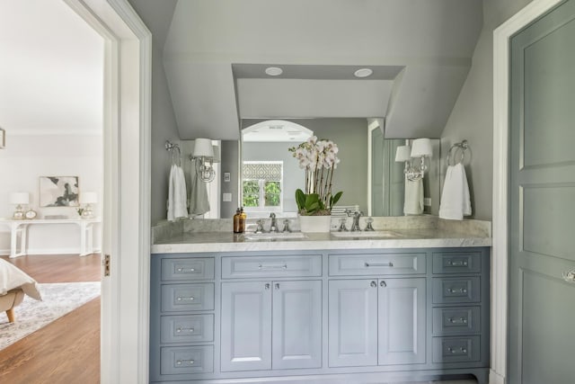 bathroom with hardwood / wood-style floors and vanity