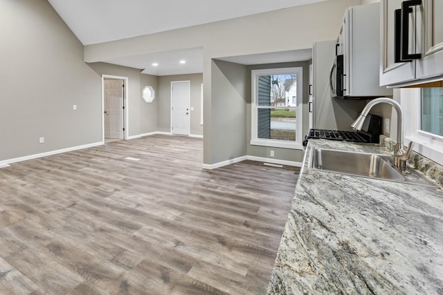 kitchen featuring hardwood / wood-style floors, light stone counters, and sink