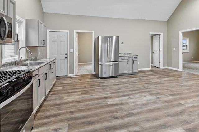 kitchen with a wealth of natural light, light hardwood / wood-style floors, vaulted ceiling, and appliances with stainless steel finishes