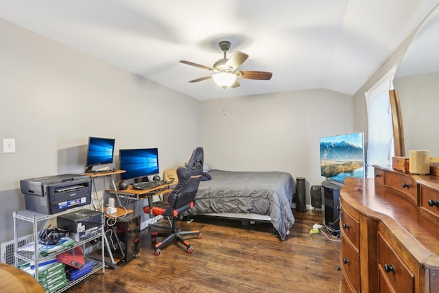 bedroom with ceiling fan, dark hardwood / wood-style flooring, and lofted ceiling