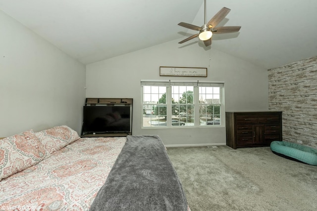 carpeted bedroom featuring ceiling fan and lofted ceiling