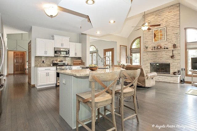 kitchen with light stone countertops, a breakfast bar, appliances with stainless steel finishes, a fireplace, and white cabinets