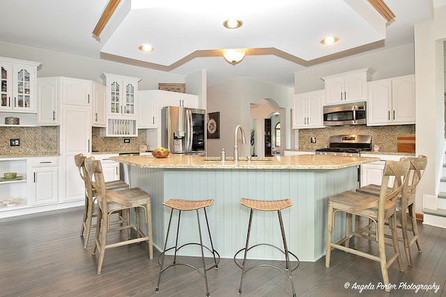 35161 N Indian Trl, Ingleside, IL 60041 - kitchen with a sink, arched walkways, appliances with stainless steel finishes, white cabinets, and glass insert cabinets