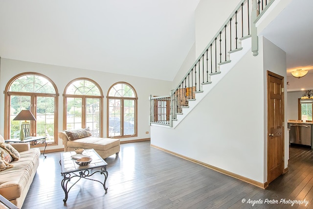 35161 N Indian Trl, Ingleside, IL 60041 - living area featuring stairway, high vaulted ceiling, baseboards, and wood-type flooring