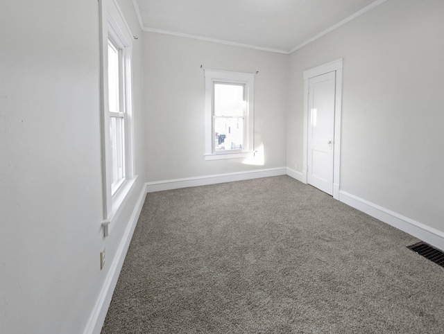 carpeted spare room featuring ornamental molding and a healthy amount of sunlight